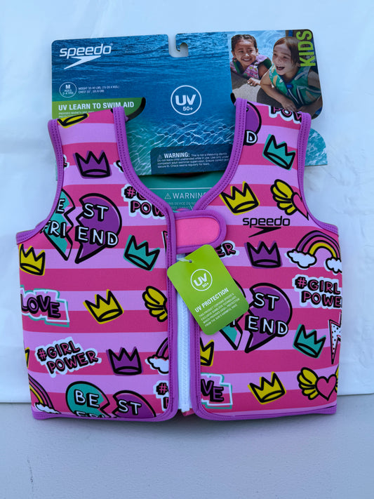 Speedo Kids UV Learn-to-Swim Vest — Size M (Ages 2–4), Pink Girl Power Print